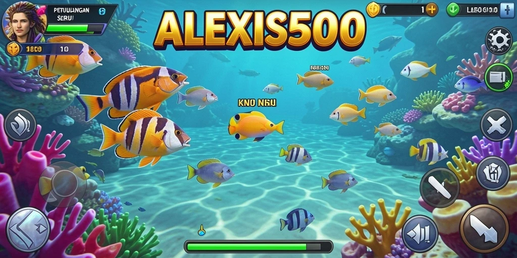 Screenshot utama ALEXIS500 menampilkan aksi menangkap ikan yang mendebarkan.