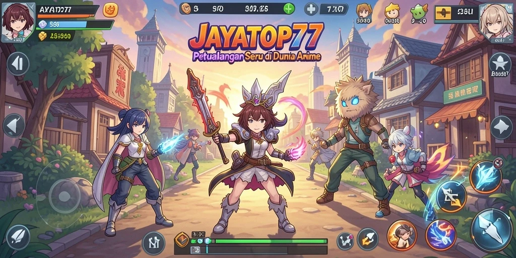 Tampilan gameplay utama JAYATOP77 dengan karakter dan aksi penuh warna.