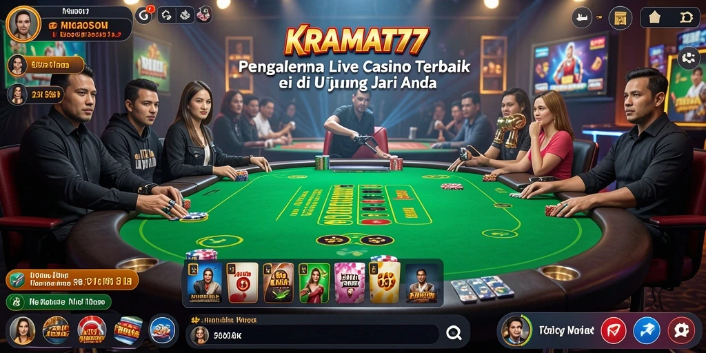 Tampilan gameplay KRAMAT77 dengan dealer langsung dan pilihan permainan kasino.