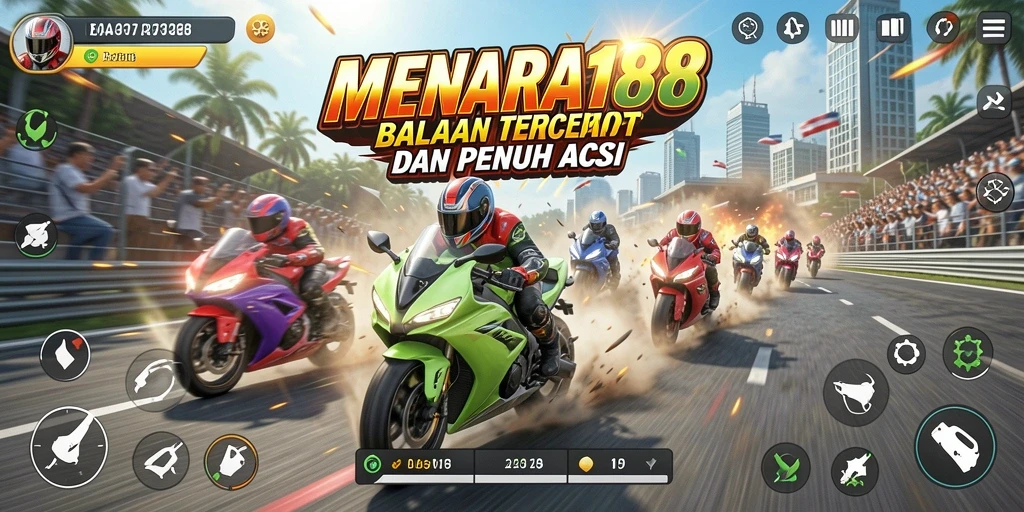 Screenshot MENARA188 menunjukkan aksi balapan motor yang mendebarkan dan visual memukau.