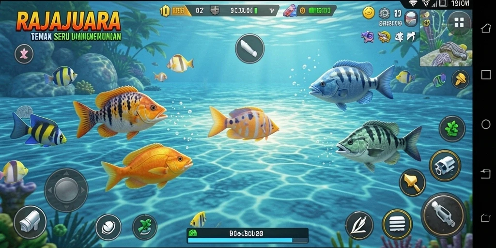 Screenshot gameplay seru RAJAJUARA menampilkan aksi tembak ikan.