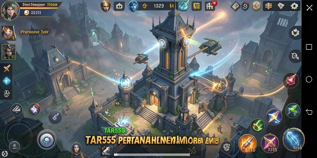 Screenshot TAR555 menunjukkan aksi menegangkan dalam pertahanan menara.