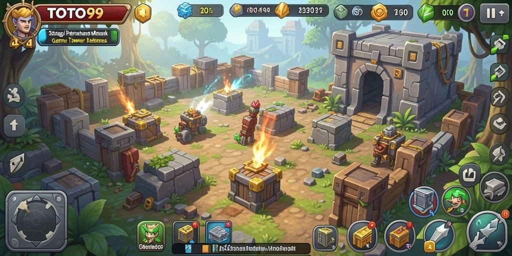 Tampilan menarik game TOTO99 dengan menara dan serangan musuh.