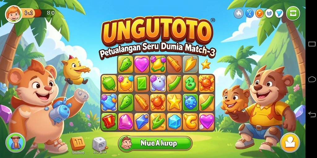 Tampilan gameplay UNGUTOTO dengan elemen Match-3 yang ceria.